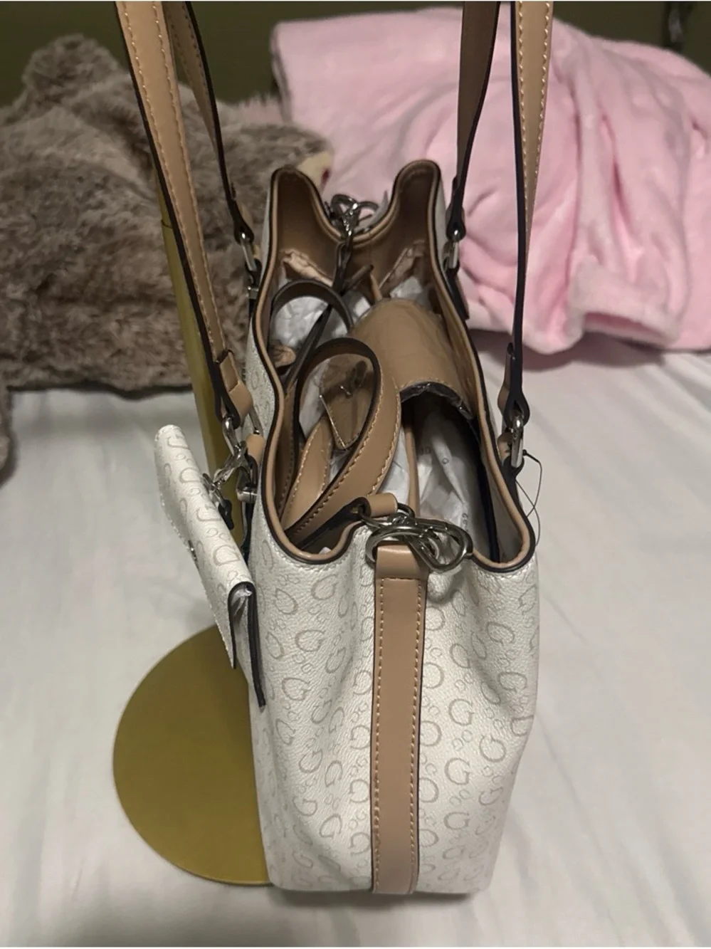 GUESS Cream Tote with Tan Straps and Logo Wallet